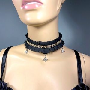 Mesh ruffle with gold trim sexy choker, with star charms